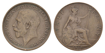 Великобритания 1/2 пенни 1919 Георг V (1910-1936) KM 809, Spink 4056 бронза 53-847