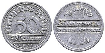 ГЕРМАНИЯ 50 ПФЕННИГОВ 1921 G KM 27, J. 301 алюминий 4380-835