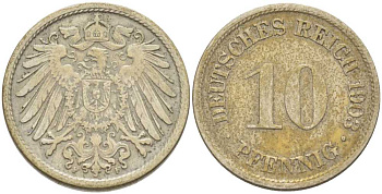 Германия 10 пфеннигов 1903 F KM 12, J. 13, Weege 8 медно-никель 259-837