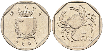 Мальта 5 центов 1991 краб KM 95 медно-никель 4588-113