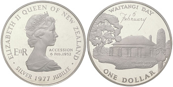 Новая Зеландия 1 доллар 1977 день Вайтанги 6 февраля, дом Джеймса Басби, Елизавета II (1952-2022) KM 46a серебро PROOF 1080-3-61