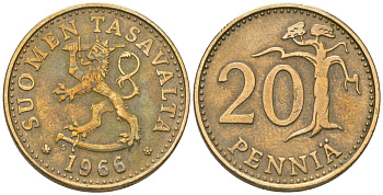 Финляндия 20 пенни 1966 S KM 47 алюминиевая бронза 4589-915