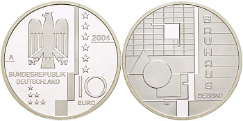 ФРГ 10 евро 2004 A, Баухауз в Дессау, геометрия KM 230, DE.S 10.13 серебро PROOF 1085-5-53