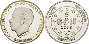 Бельгия 5 экю 1993 председательство Бельгии в Евросозе, Бодуэн I KM 185 серебро PROOF 1074-4-32