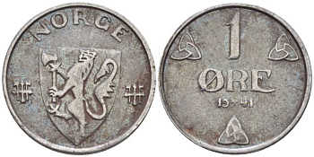 НОРВЕГИЯ 1 ЭРЕ 1941 ХОКОН VII (1905-1957), ВТОРАЯ МИРОВАЯ ВОЙНА, ВОЕННЫЙ ВЫПУСК KM 387 железо 116-1058