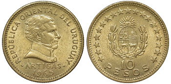 Уругвай 10 песо 1965 KM 48 алюминиевая бронза 4574-636