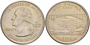 США 25 центов = квотер 2005 D, серия штаты США, Западная Вирджиния KM 374 медь плакированная медно-никелем UNC M25-09