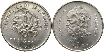Сан-Марино 1000 лир 1978 150 лет со дня рождения Льва Николаевича Толстого, в оигинальной упаковке KM 85 серебро UNC 7-4-1-48