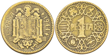 ИСПАНИЯ 1 ПЕСЕТА 1944 НАЦИОНАЛЬНОЕ ПРАВИТЕЛЬСТВО (1939-1947) KM 767 алюминиевая бронза 212-952