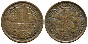 НИДЕРЛАНДЫ 1 ЦЕНТ 1917 ВИЛЬГЕЛЬМИНА (1890-1948) KM 152 бронза 179-535