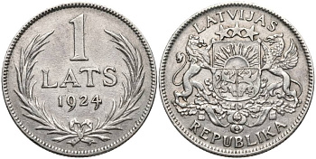 Латвия 1 лат 1924 Первая республика (1918-1939) KM 7 серебро 27-1231