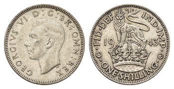 Великобритания 1 шиллинг 1943 Георг VI (1936-1952), Английский герб KM 853, Spink 4082 серебро 4116-1244