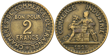 Франция 2 франка 1925 Третья республика (1871-1940) KM 877, Le Franc 267.7 алюминиевая бронза 4144-324