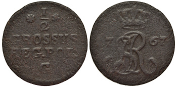 Польша 1/2 гроша (полугрош) 1767 G, Станислав Август Понятовский (1764-1795), вес 1,61 гр. KM 175.1 (С34) медь 1516-1243