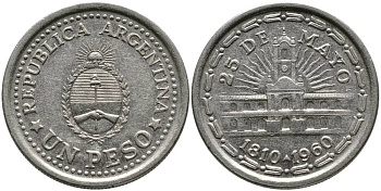 Аргентина 1 песо 1960 150 лет свержения Испанского вице-короля (1810-1960) KM 58 сталь плакированная никелем 4525-926