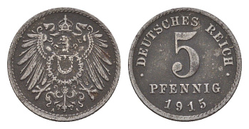Германия 5 пфеннигов 1915 A, Вильгельм II (1888-1918) KM 19, J. 297, Weege 5 железо плакированное цинком 4640-154