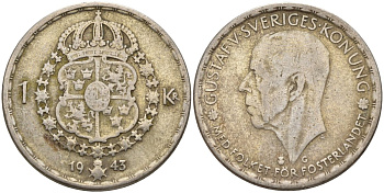 Швеция 1 крона 1943 G, Густав V (1907-1950) KM 814 серебро 4148-1012