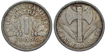 ФРАНЦИЯ 1 ФРАНК 1942 ПРАВИТЕЛЬСТВО ВИШИ, ТИП FRANCISQUE LOURDE KM 902.1, LE FRANC 222.2 алюминий 27-744