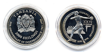 Танзания 2000 шиллингов 1996 XXVI Олимпийские игры 1996 года в Атланте, 100 лет Олимпийскому движению, дискобол, пробник, рубчатый гурт медно-никель PROOF 06-157-44
