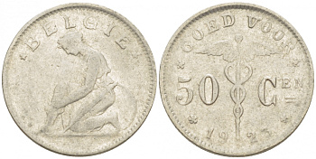 БЕЛЬГИЯ 50 САНТИМОВ 1923 BELGIE KM 88 никель 261-1148