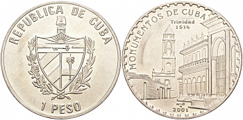 Куба 1 песо 2001 серия монументы Кубы, Церковь Святой Троицы, Тринидад KM 850 медно-никель UNC 4537-125