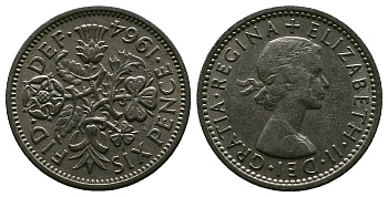 Великобритания 6 пенсов 1964 Елизавета II (1952-2022) KM 903, Spink 4149 медно-никель 4381-826