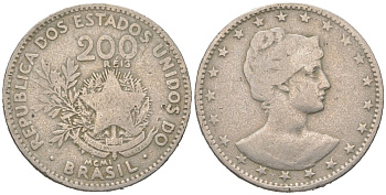 Бразилия 200 реалов 1901 MCMI, голова свободы вправо KM 504 медно-никель 4612-215