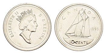 Канада 10 центов 1995 Елизавета II (1952-2022), парусник KM 183 никель UNC 4639-658