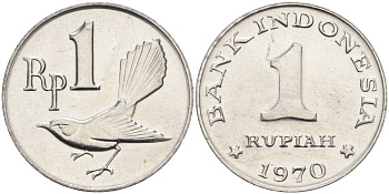 Индонезия 1 рупия 1970 птичка мухоловка KM 20 алюминий UNC 4153-536