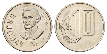 Уругвай 10 песо 1981 Хосе Хервасио Артигас, год-тип KM 79, Schoen 55 медно-никель UNC 4675-633