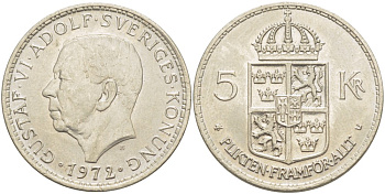 Швеция 5 крон 1972 U, Густав VI Адольф (1950-1973) KM 846 никель плакированный медно-никелем UNC 4542-115