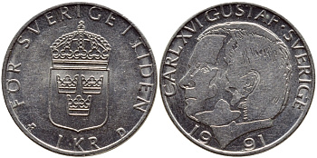 Швеция 1 крона 1991 Карл XVI Густав (1973- ) KM 852a медно-никель 4384-212