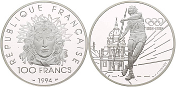 Франция 100 франков 1994 100 лет Олимпийскому движению (1896-1996), копьеметатель KM 1048 серебро PROOF 1081-8-51