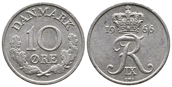 Дания 10 эре 1966 С; S, Фредерик IX (1947-1972) KM 849.1 медно-никель 26-921