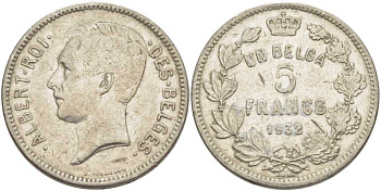 БЕЛЬГИЯ 5 ФРАНКОВ 1932 АЛЬБЕРТ I, DES BELGES KM 97.1 никель 3851-225