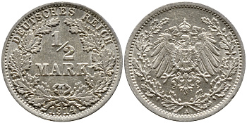 ГЕРМАНИЯ 1/2 МАРКИ 1914 A KM 17 серебро 4387-768