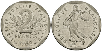 Франция 2 франка 1982 сеятель KM 942.1, Le Franc 272.3 никель 4120-1115