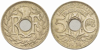 ФРАНЦИЯ 5 САНТИМОВ 1938 .1938. KM 875а, LE FRANC 123.3 никель бронза 105-414