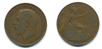Великобритания 1 пенни 1921 Георг V (1910-1936) КМ 810, Spink 4051 бронза 4110-233