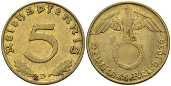 Германия 5 рейхспфеннигов 1938 D KM 91, J. 363 алюминиевая бронза 4151-844