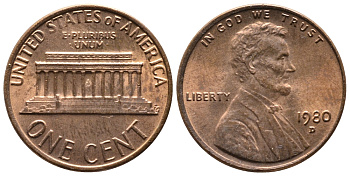 США 1 цент 1980 D, Авраам Линкольн KM 201 медь цинк 4364-915