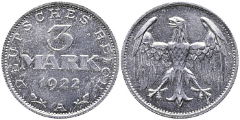 ГЕРМАНИЯ 3 МАРКИ 1922 А KM 28, J. 302 алюминий 38-236