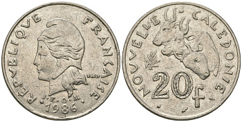 Французская Новая Каледония 20 франков 1986 три быка, (IEOM) KM 12, Schoen 14, Lec 112 никель 4680-234