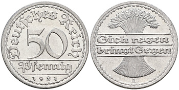 Германия 50 пфеннигов 1921 A KM 27, J.301, Weege 10 алюминий UNC 4584-831