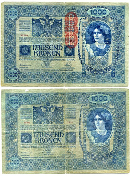 АВСТРИЯ 1000 КРОН 1919 КРАСНАЯ ВЕРТИКАЛЬНАЯ НАДПЕЧАТКА НА 1902 Pick 59 бумага 7146-55-1-2