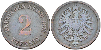 ГЕРМАНИЯ 2 ПФЕННИГА 1875 C, СТАРОГЕРБОВКА KM 2, Jager 2, Weege 3 медь 4546-544