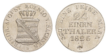 Саксония 1/24 талера 1826 S, Фридрих Август I (1806-1827) KM 1094, AKS 44 серебро aUNC 603-1413