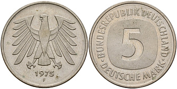 ФРГ 5 марок 1975 F, монетный двор Штутгарт КМ 140.1, J. 415 медно-никель плакированный никелем 4157-232