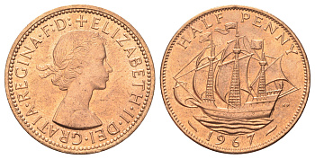Великобритания 1/2 пенни 1967 Елизавета II (1952-2022) KM 896, Spink 4158 бронза UNC 4700-631
