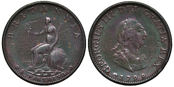 Великобритания 1 фартинг 1799 Георг III (1760-1820) KM 646, Spink 3779 медь 603-1333